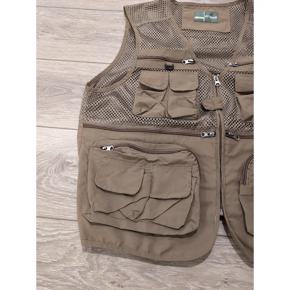 OUTDOOR MESH FLY FISHING VEST KHAKI UTILITY CARGO MEN'S SIZE LARGE EUC